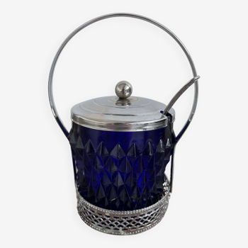 Sugar pot, sugar bowl, Brama Empire Stainless, blue glass, silver metal, spoon, diamond tip