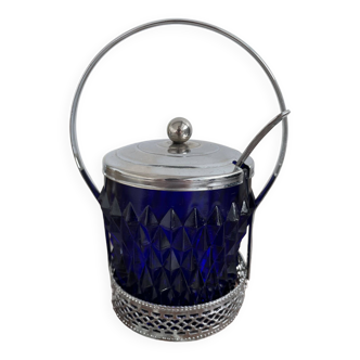 Sugar pot, sugar bowl, Brama Empire Stainless, blue glass, silver metal, spoon, diamond tip