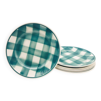 6 green checkered dinner plates, FN Givors – France