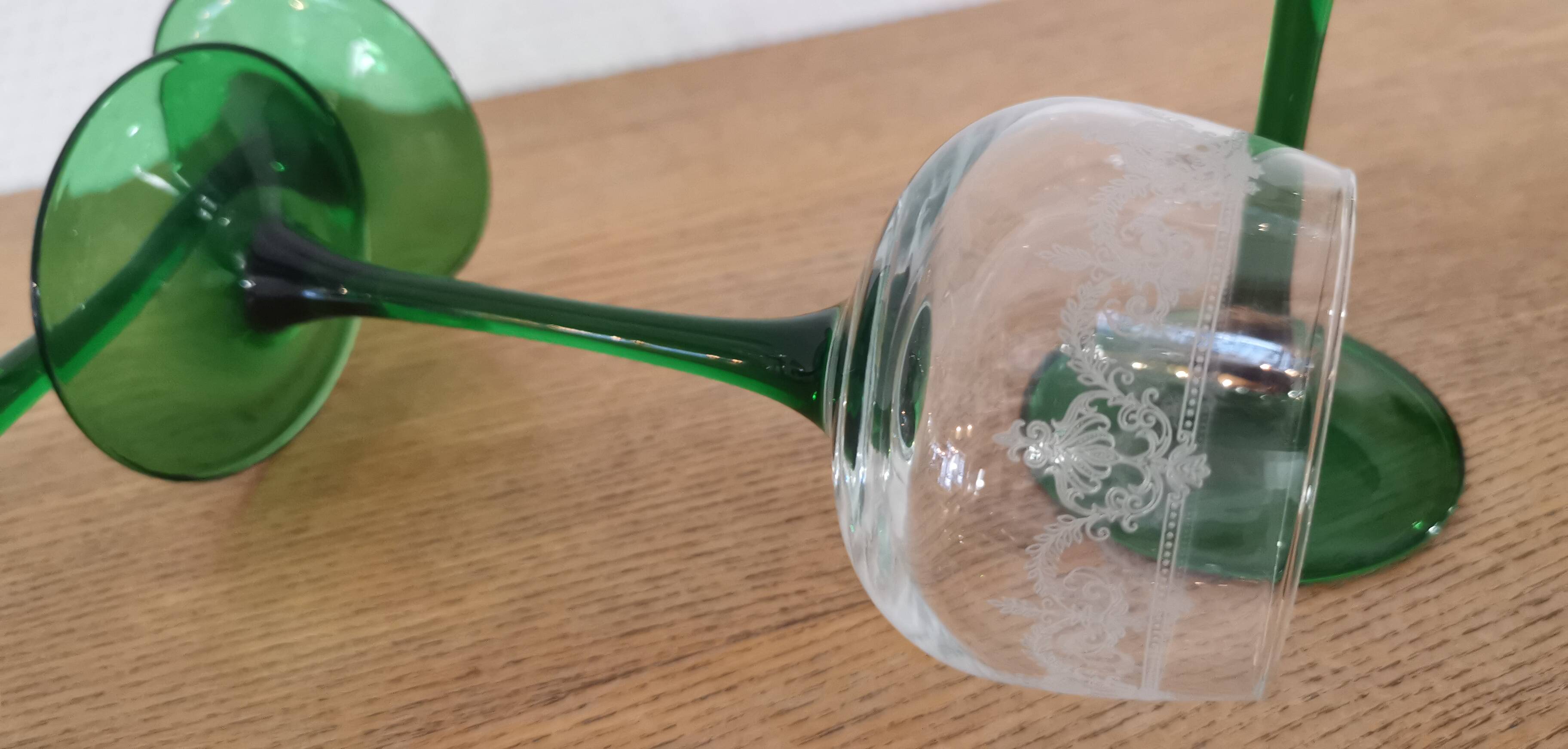 Set of 4 old Alsatian green stemmed wine glasses with vine decor engraved crystal arc