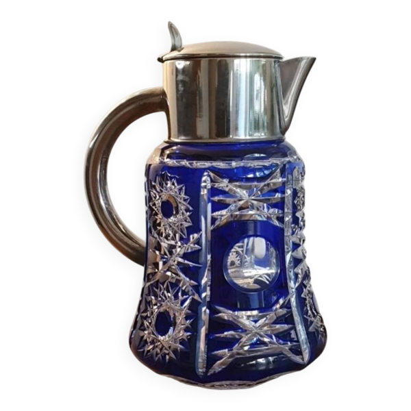 Superbe broc à orangeade en cristal de bohème/taillé bleu cobalt