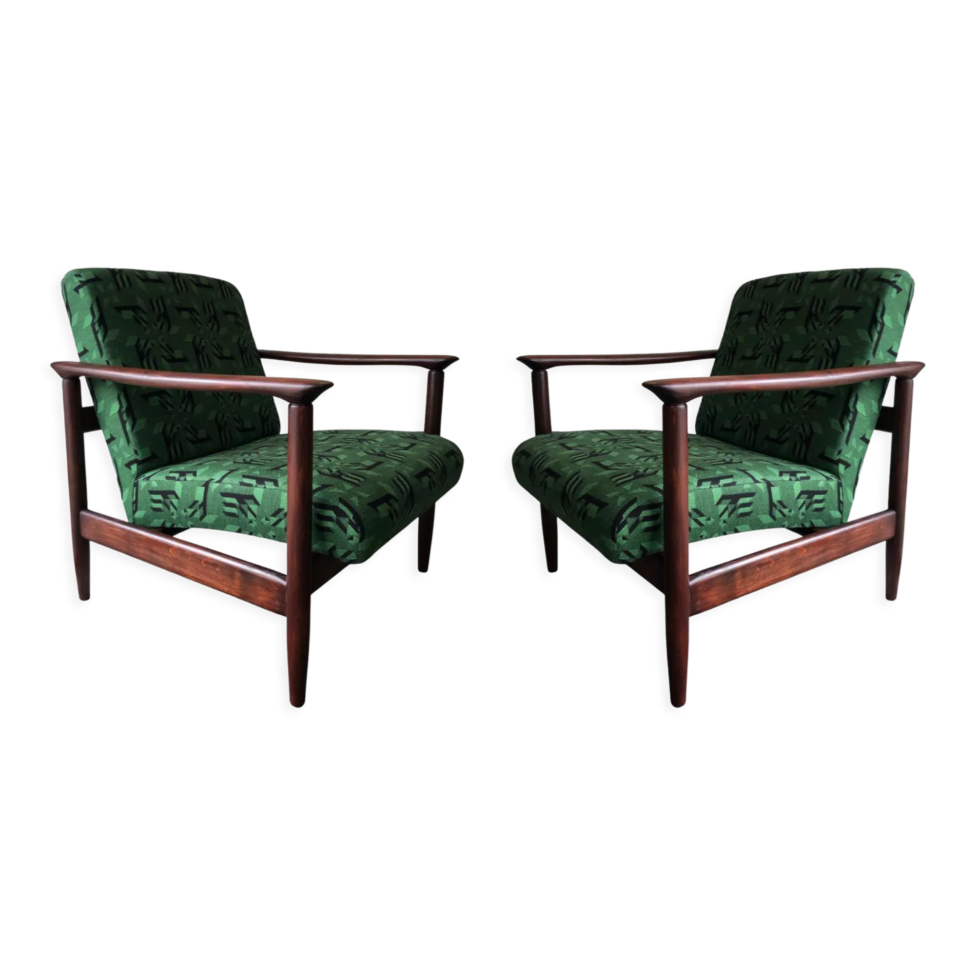 Mid century armchairs in green jacquard, by edmund homa, 1960s, set of two