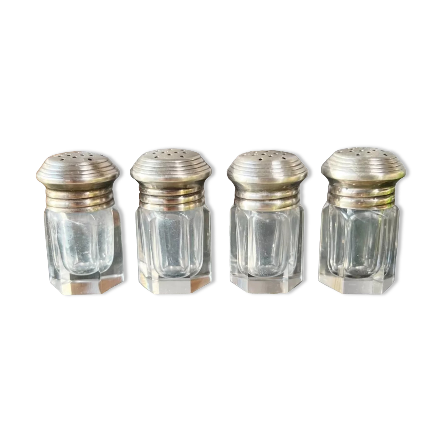 Suite of 4 individual salt shakers, silver & crystal