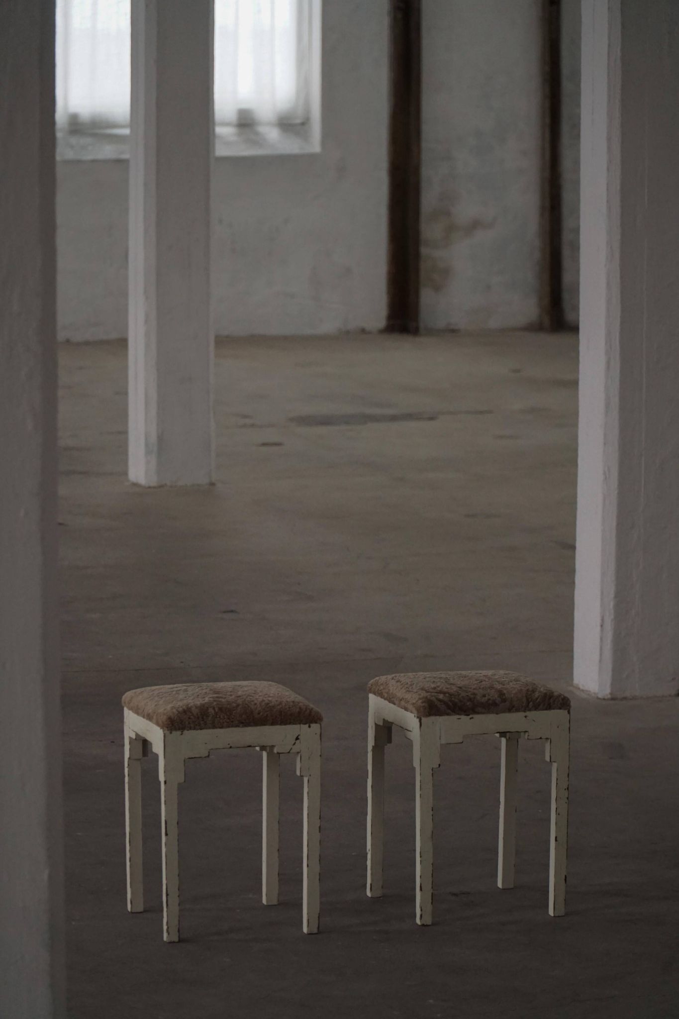 A pair of antique Danish stools, seats in lambswool, late 19th century.