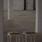 A pair of antique Danish stools, seats in lambswool, late 19th century.