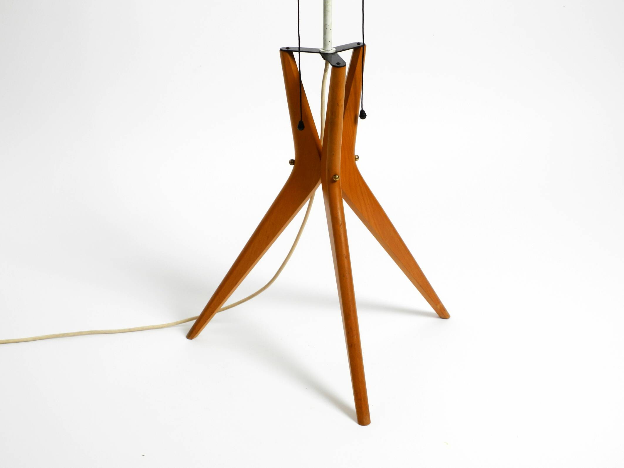 Mid Century Modern tripod walnut wood floor lamp with large fabric shade