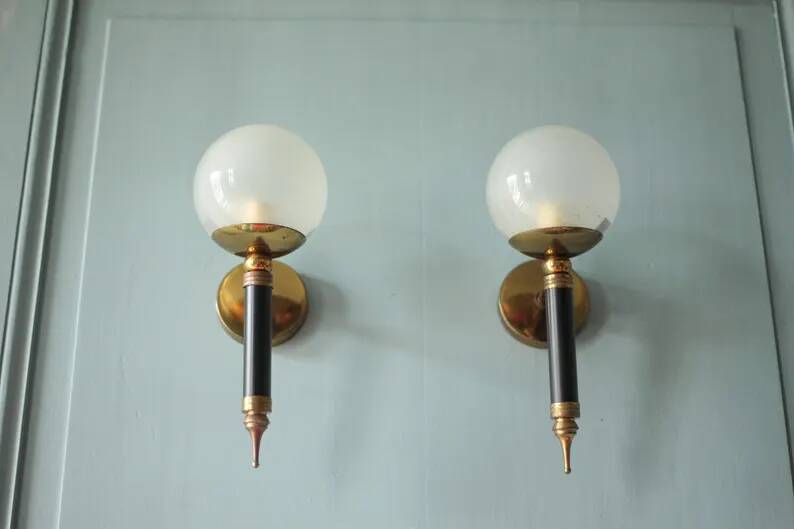Pair of vintage wall sconces, brass sconce and opaque glass globe, vintage lamp, wall lamp, 50s.