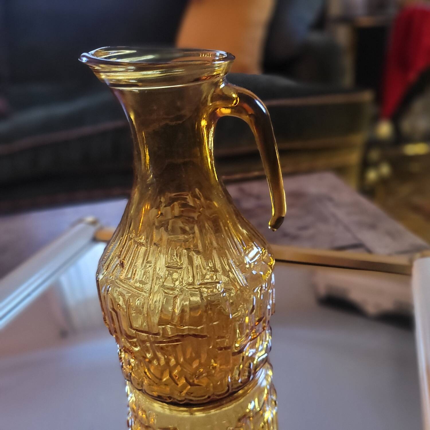 Amber relief glass pitcher. 1970s