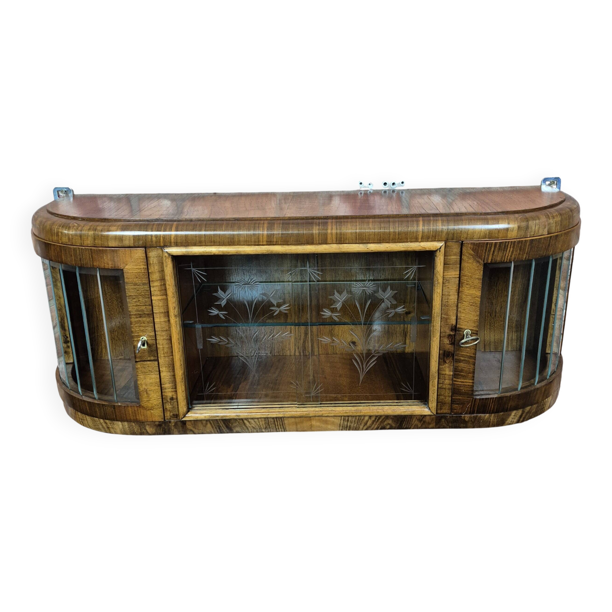 Upcycled Art Deco Walnut Wall Cabinet with Engraved and Slatted Glass - 193