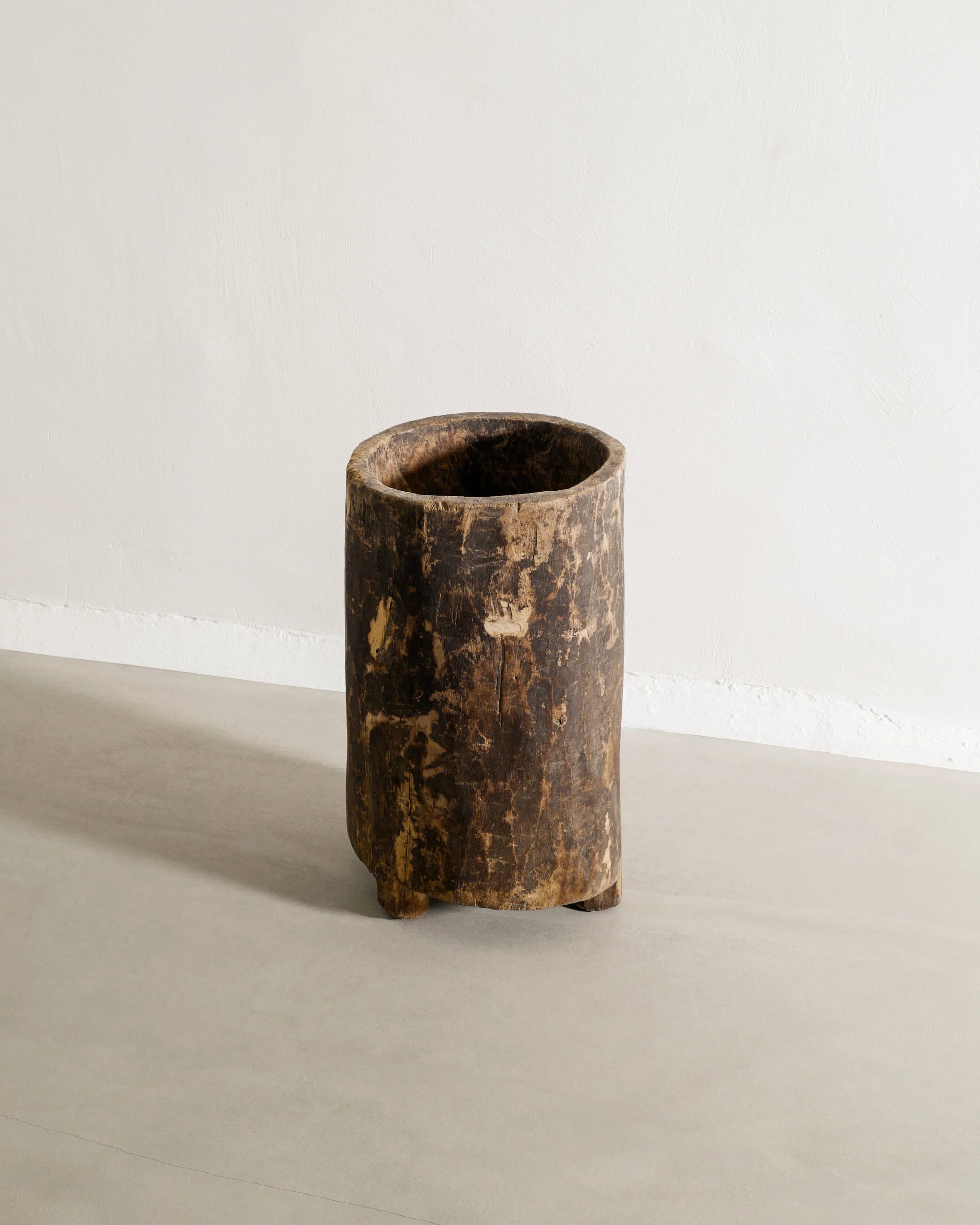 Vintage Mid Century Wooden Naga Round Planter, India 1950s