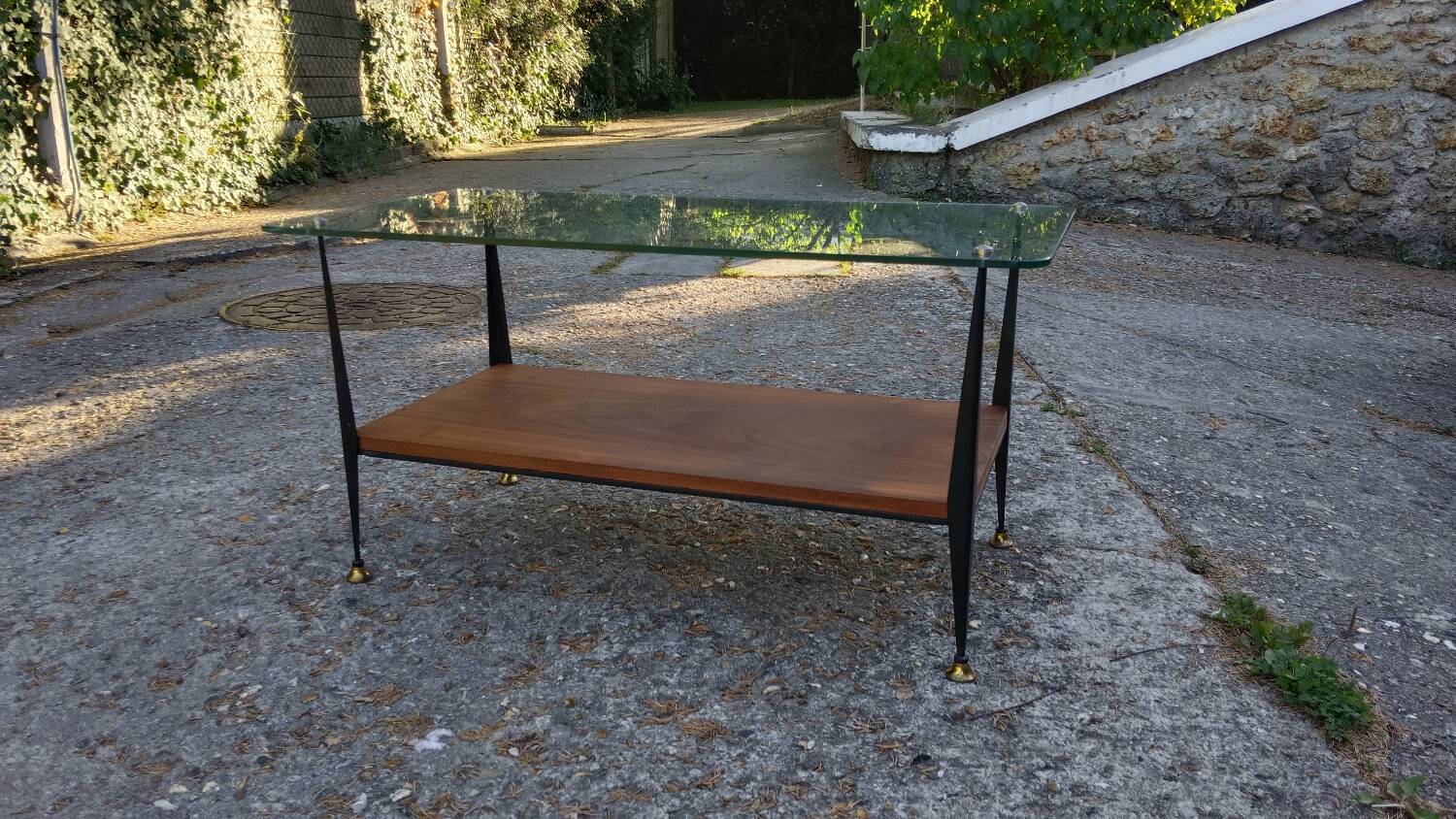 Coffee table in glass, wood and steel, mid-20th century.