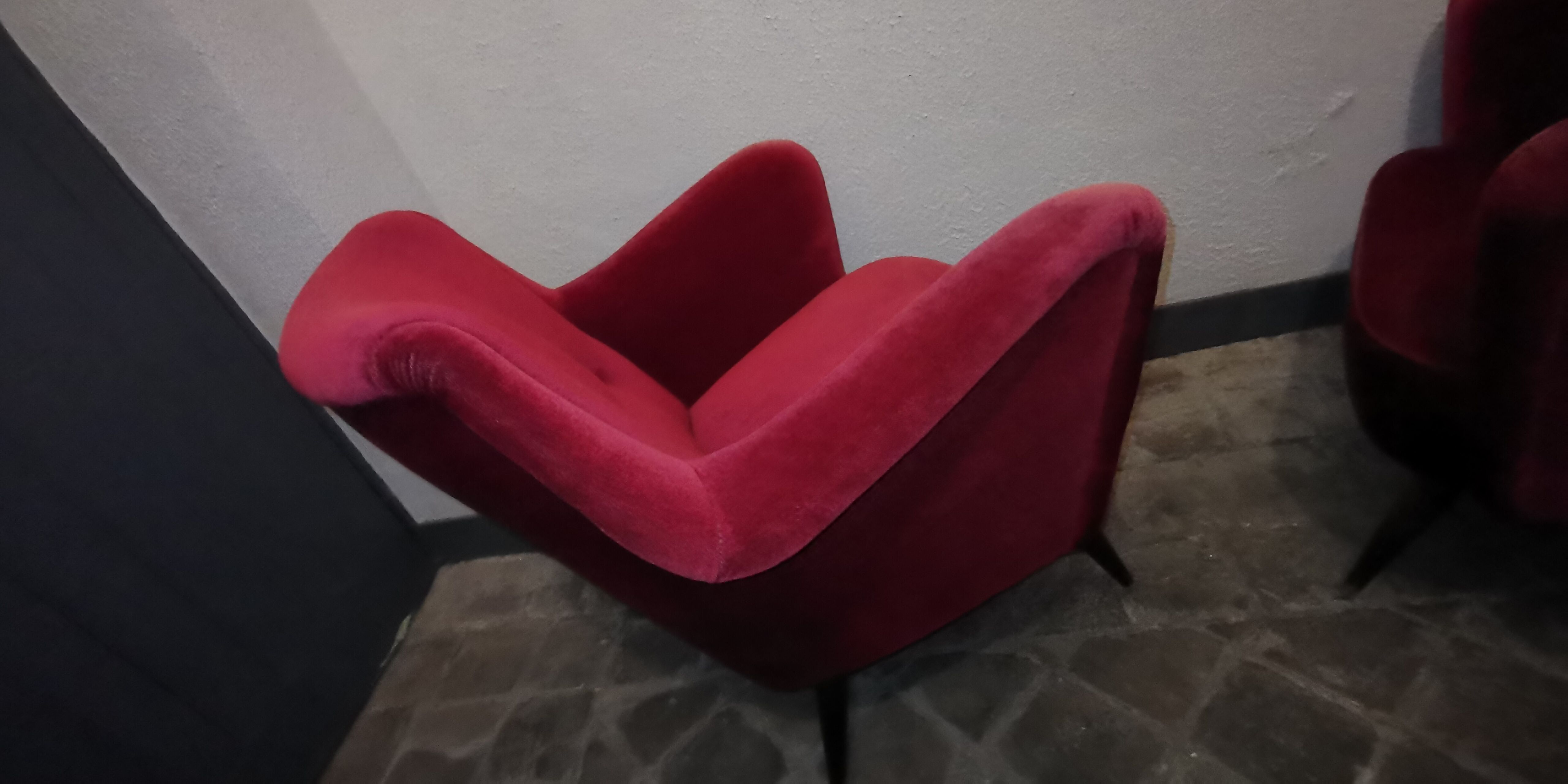 Pair of organic armchairs from the 50s red velvet