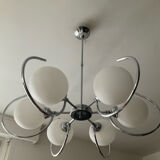 Art Deco chandelier with 6 lights in opaline glass and chrome metal.