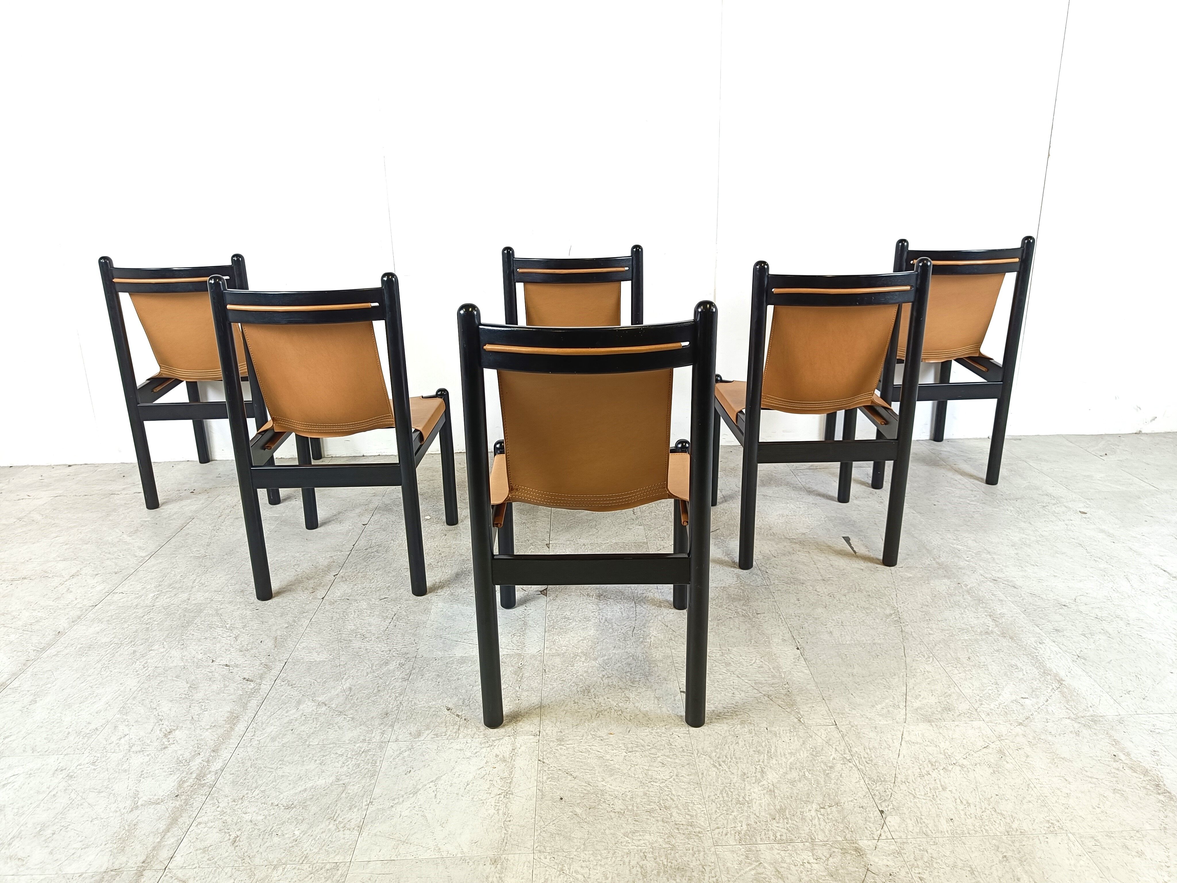 Vintage italian sling leather dining chairs, 1960s