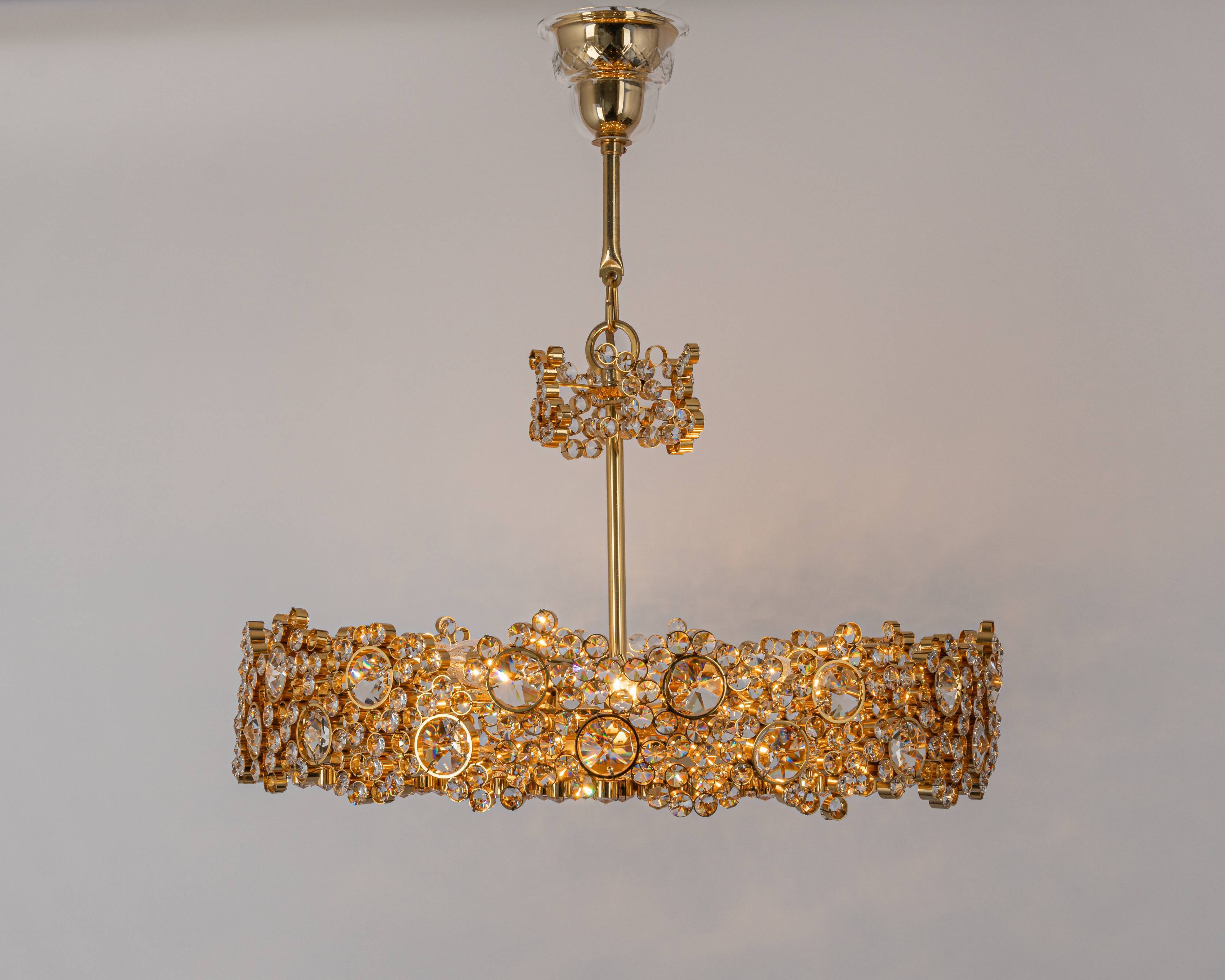Gilt Brass and Crystal Glass Encrusted Chandeliers by Palwa, Germany, 1970s