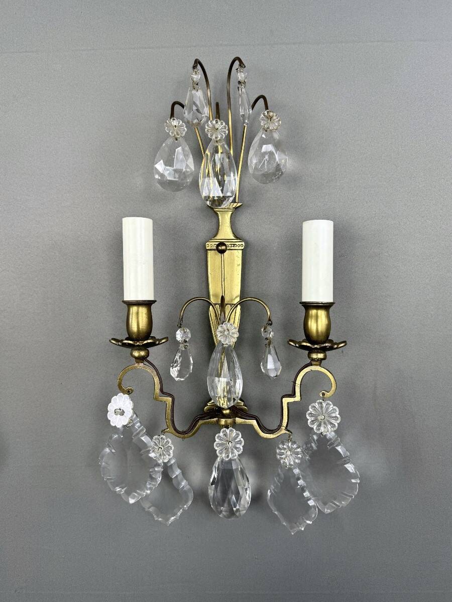Pair of brass and crystal wall lights, 20th Century