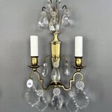 Pair of brass and crystal wall lights, 20th Century