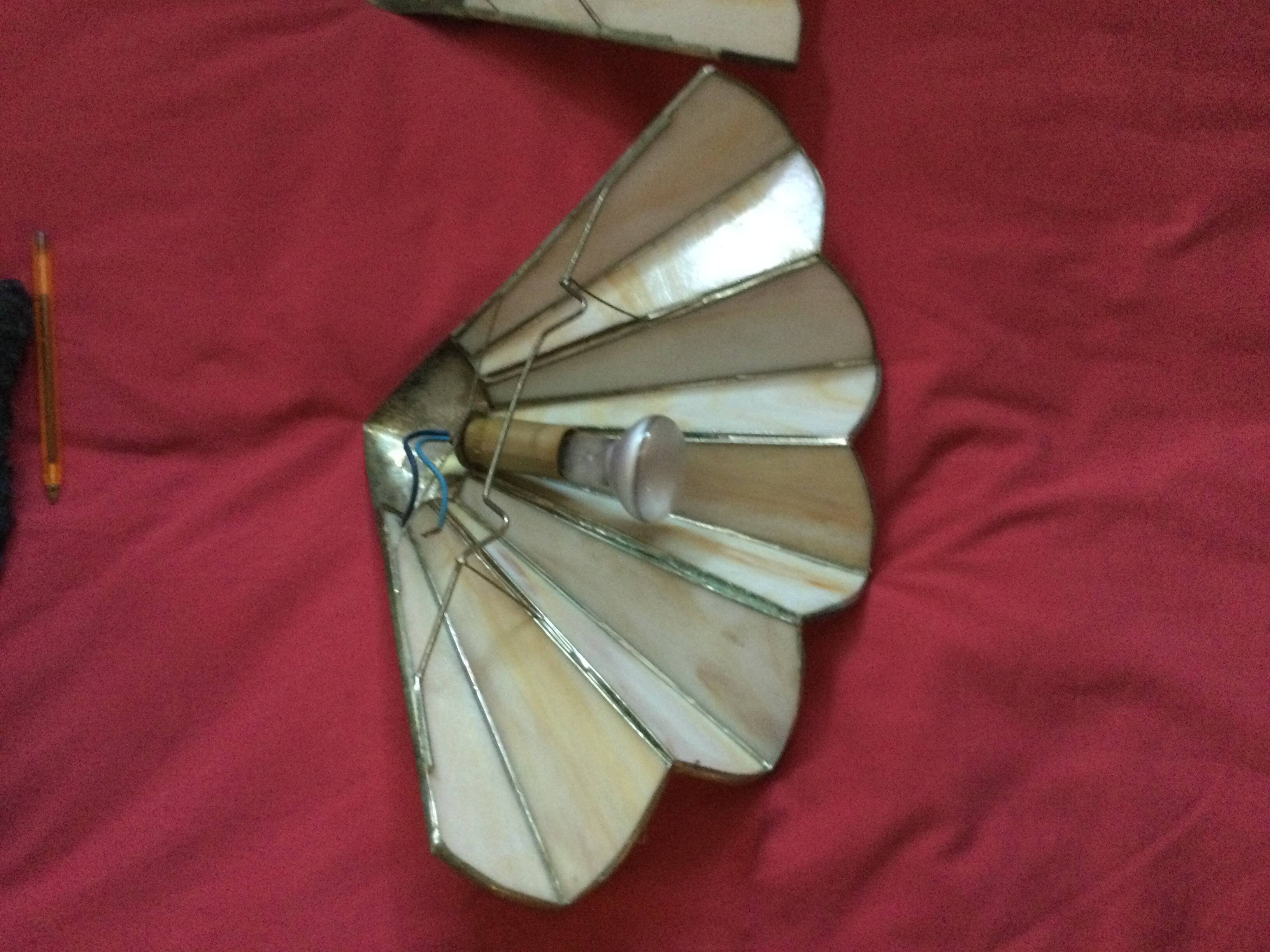 2 art deco fan-shaped wall lights in pearly glass paste and brass