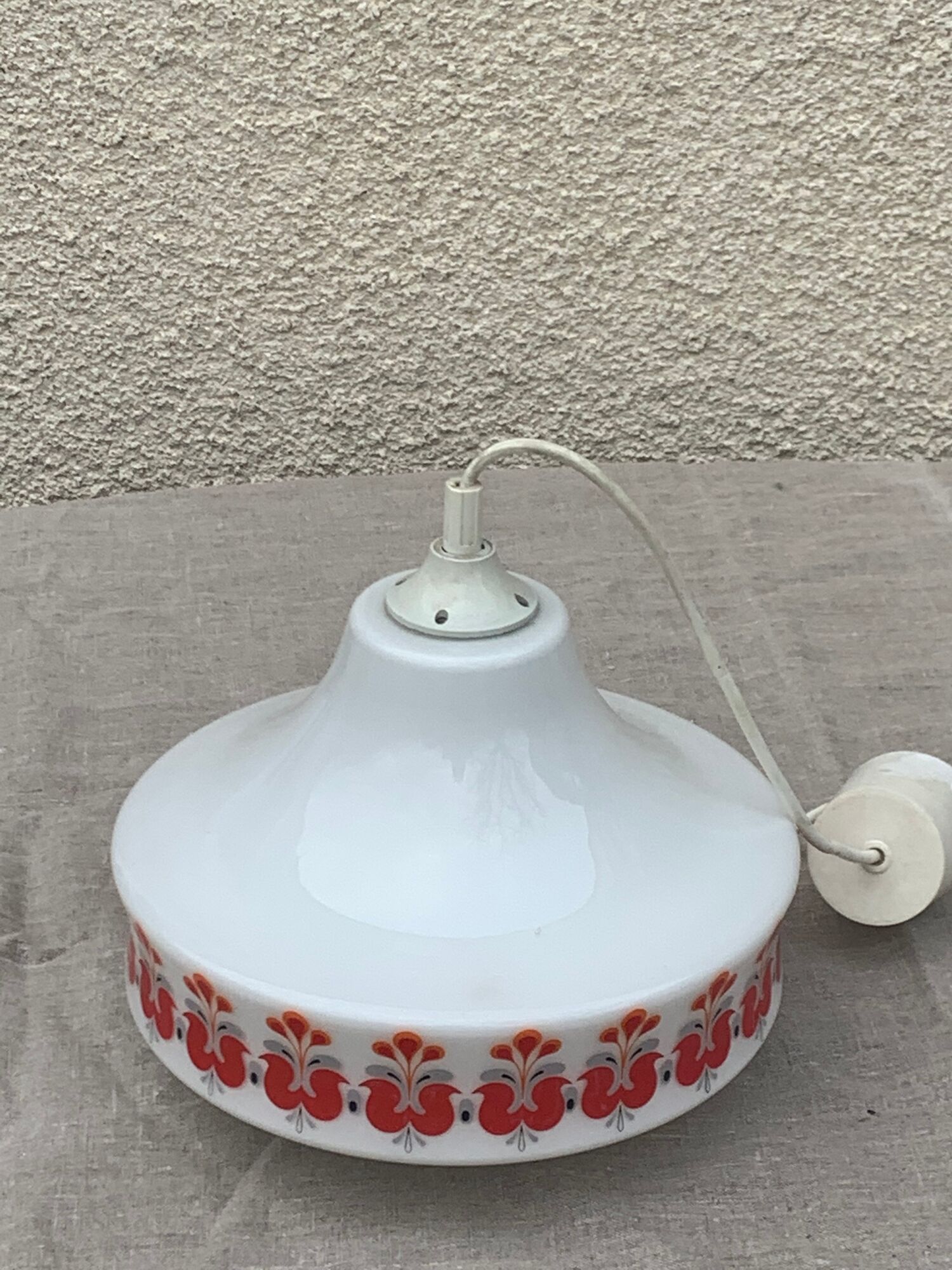 Pendant lamp, white opaline globe with a vintage red design floral pattern 1970
