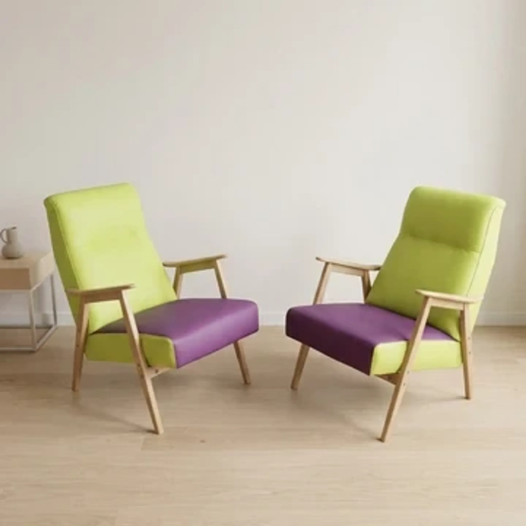 Pair of restored vintage armchairs, green and purple upholstery, mid-20th century, Czechoslovakia, 80 × 75 cm