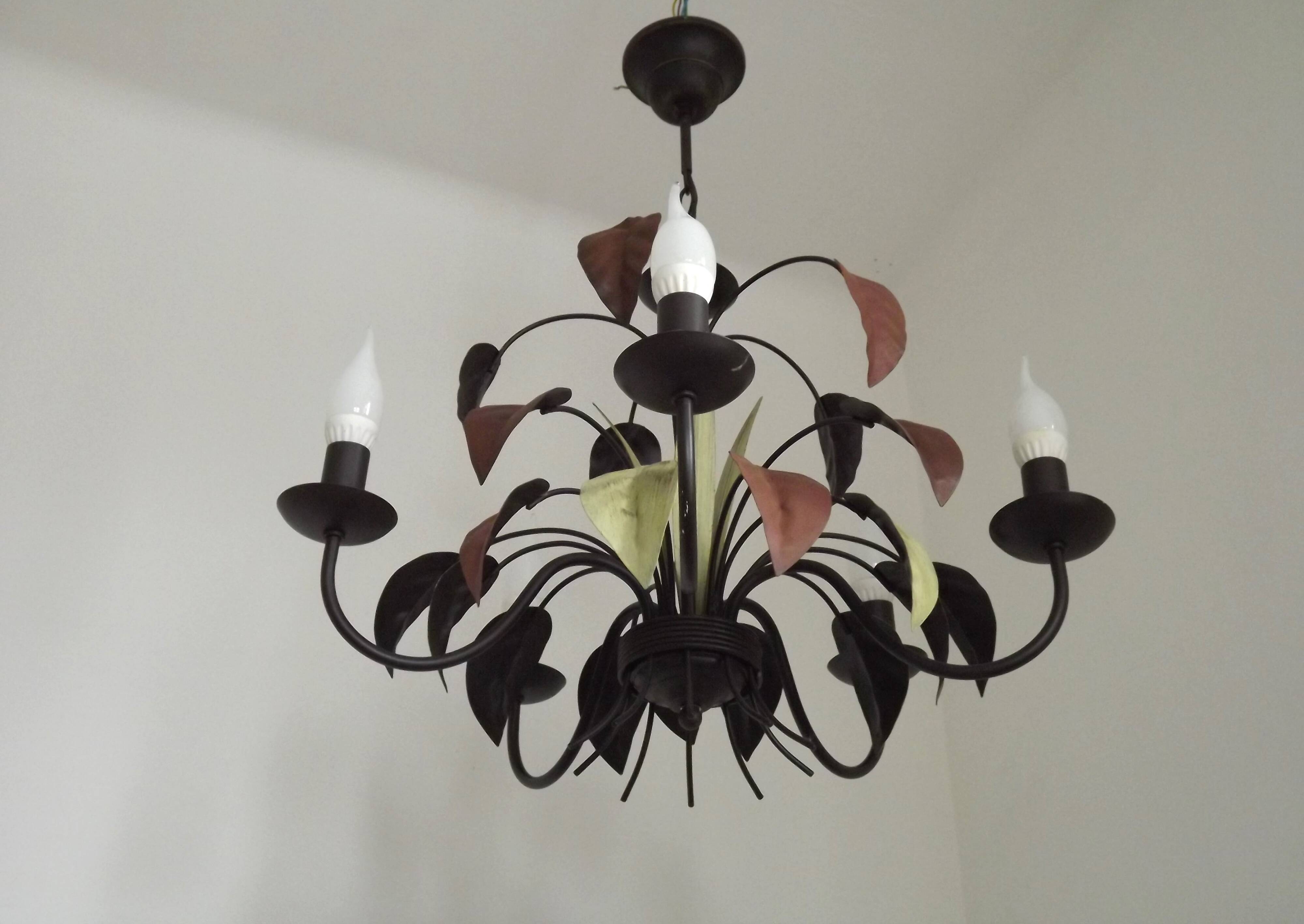 French Vintage 5 Light Brown & Green Tied Boquet Leaf Chandelier