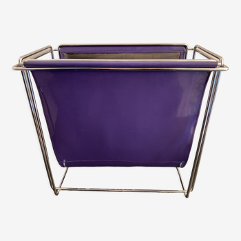 Gérard Rignault magazine rack in imitation purple leather and chrome, 1970