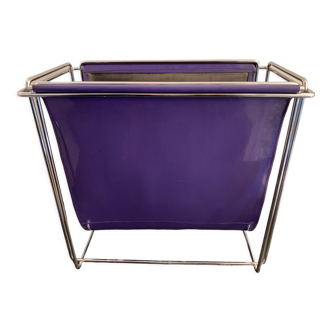 Gérard Rignault magazine rack in imitation purple leather and chrome, 1970