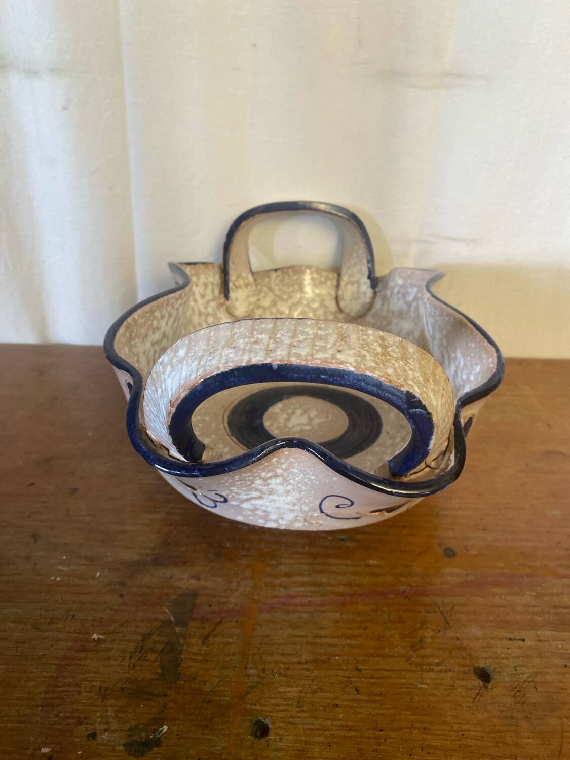 Vintage Ceramic Salad Bowl with Blue Floral Decor, Made in Italy