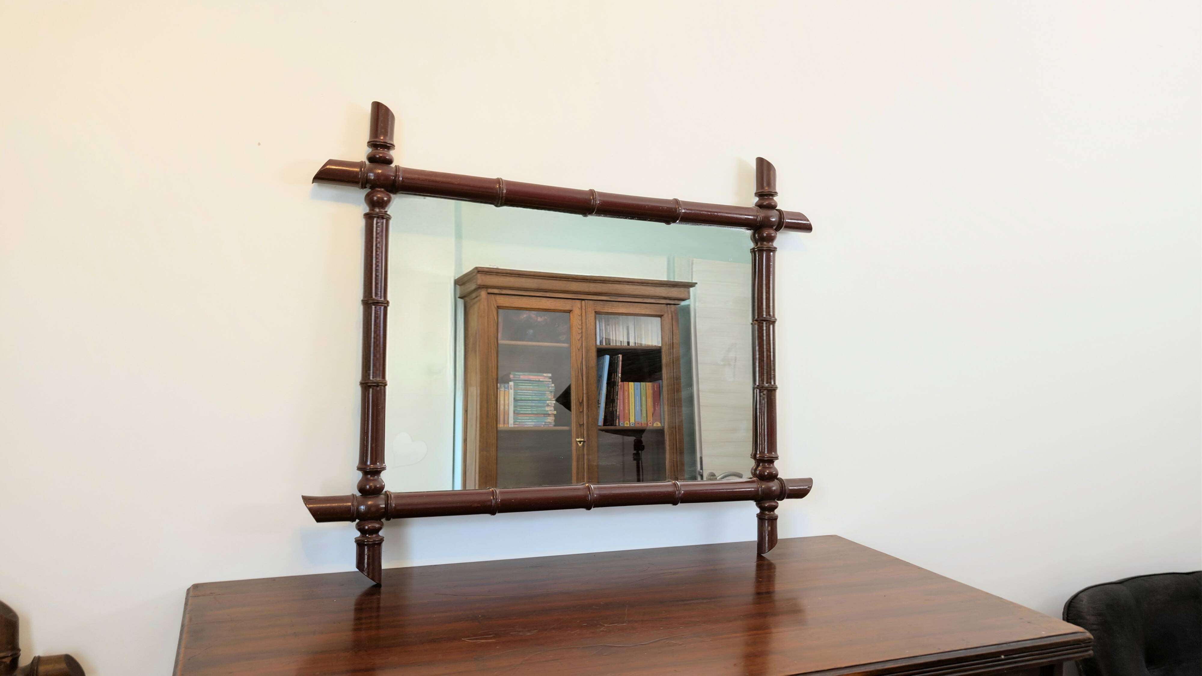 Vintage mirror with a bamboo effect in burgundy, chic exotic style - 79 x 64 cm