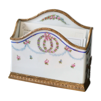 Letter holder or mail rack in porcelain and bronze Louis XVI style late nineteenth century