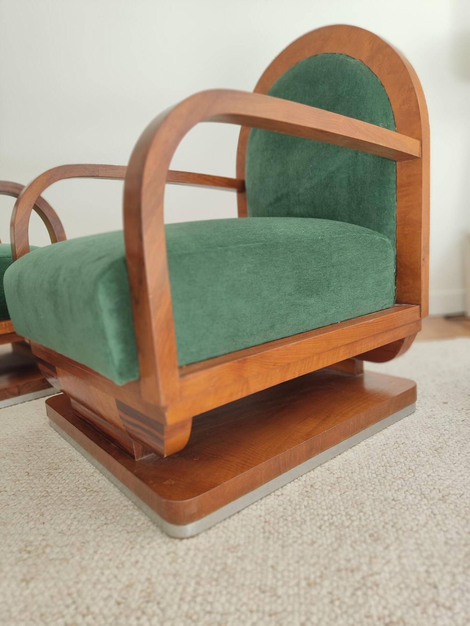 Pair of art deco armchairs - green mohair velvet