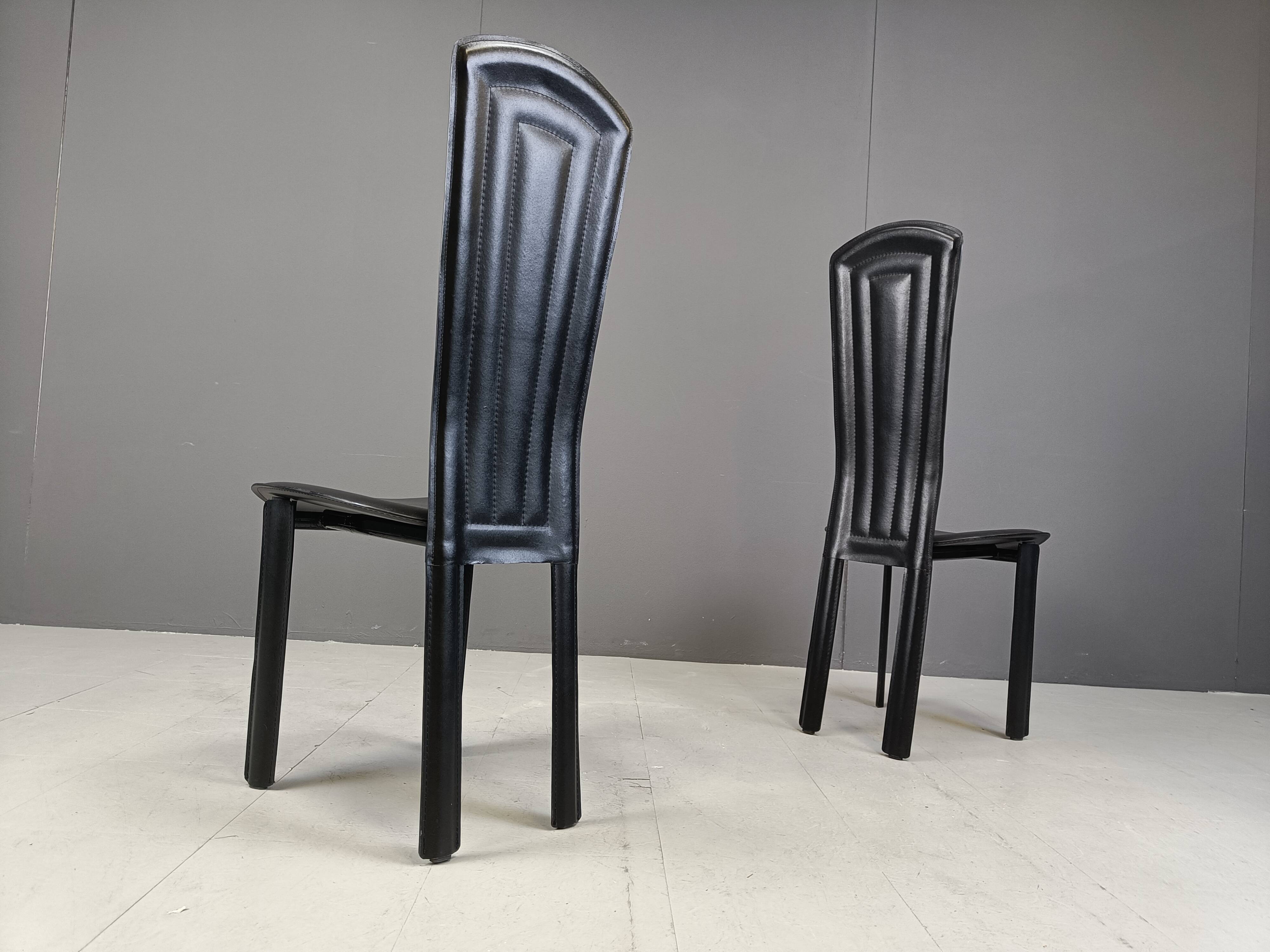 Vintage black leather dining chairs, set of 4, 1980s