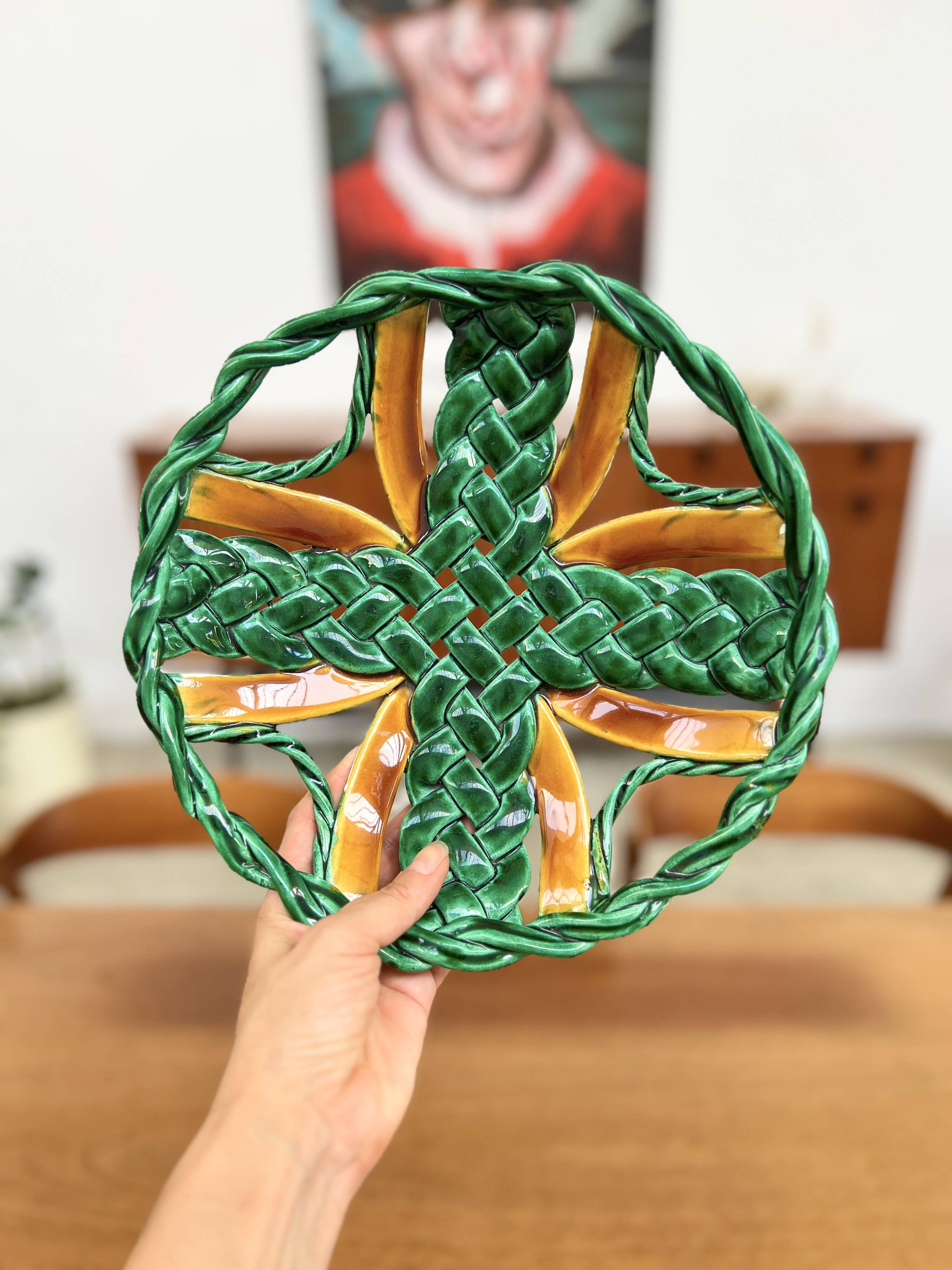 50s green braided barbotine fruit bowl