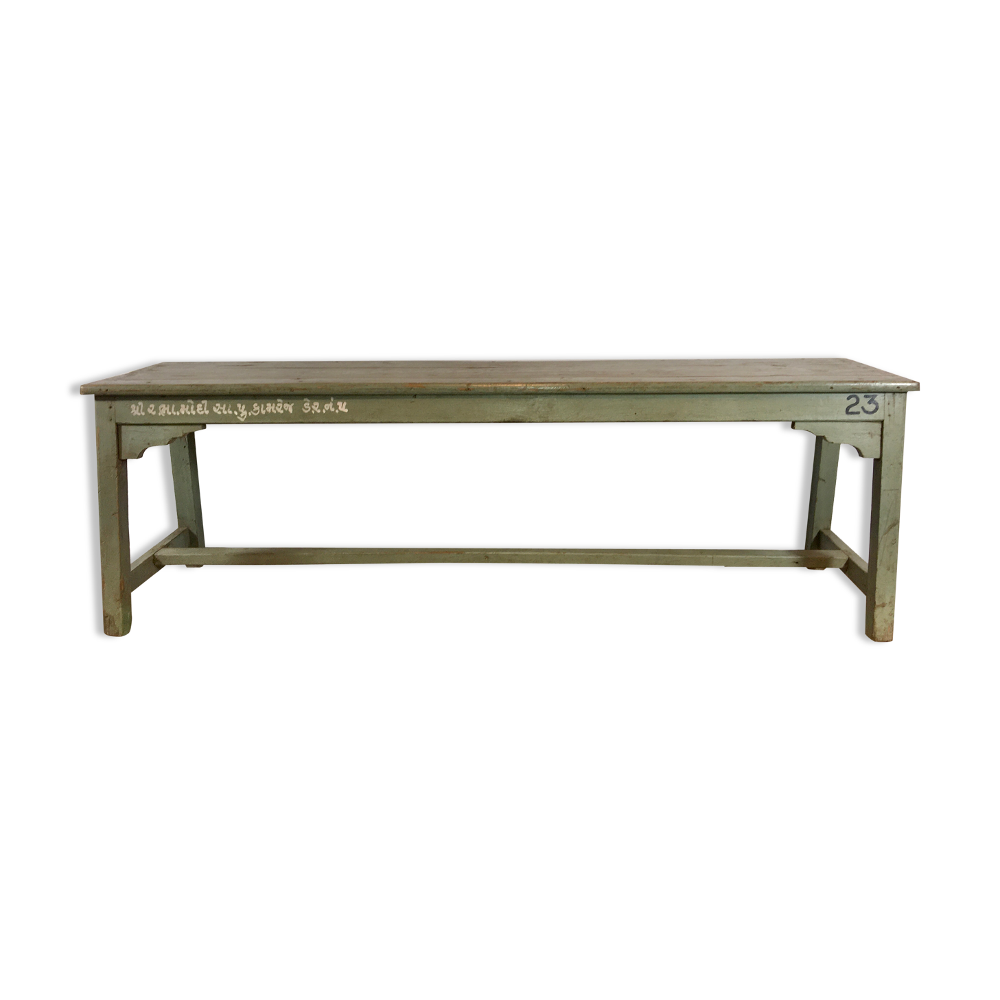 Grey lase wooden bench with inscriptions