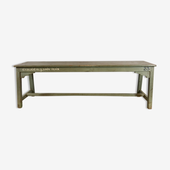 Banc en bois laqué gris avec inscriptions