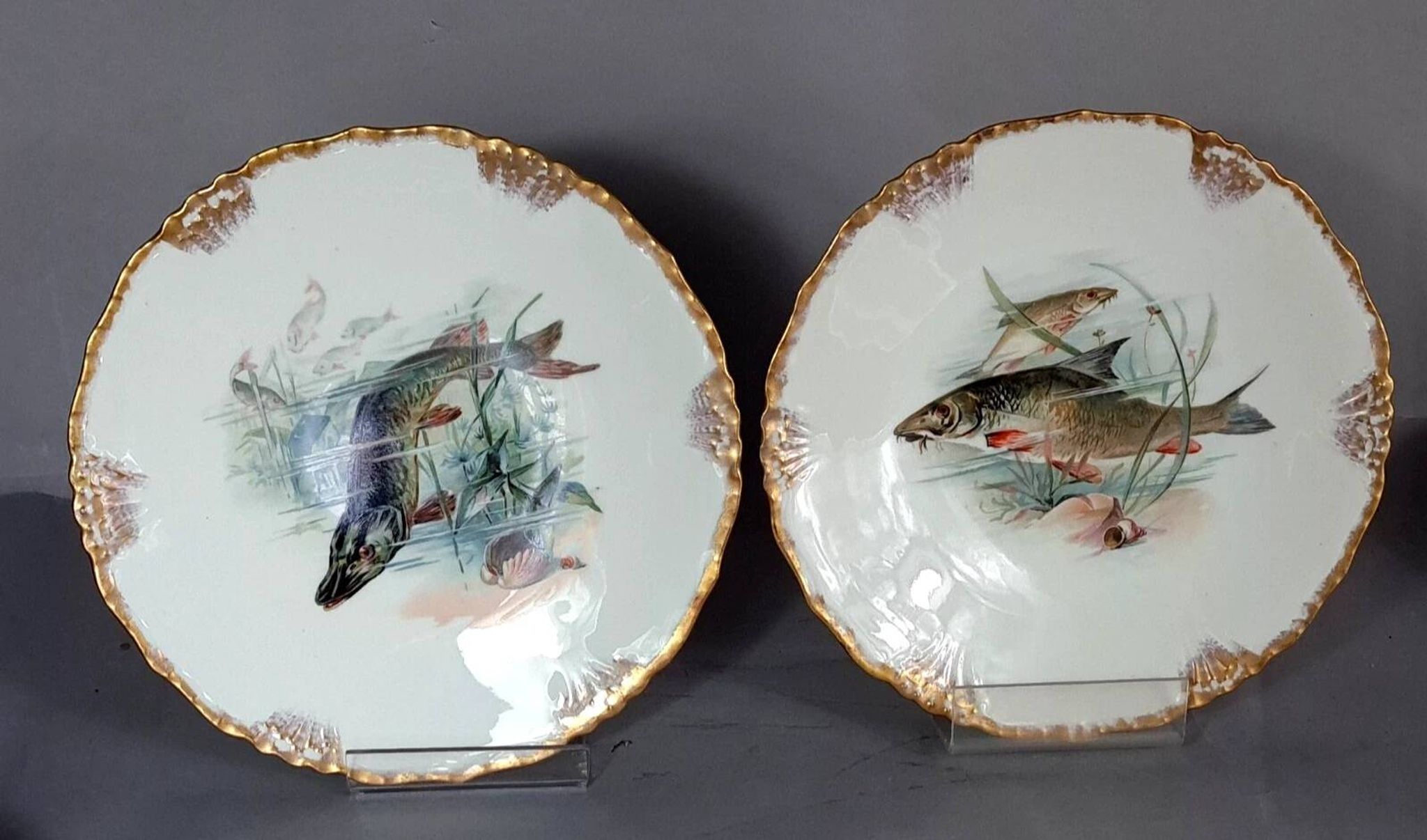 Antique fish service J. Pouyat porcelain Limoges plate 61 cm, 8 plates