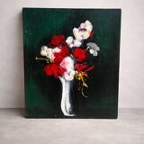 Large oil on canvas – Still life with red flowers – Vlaminck spirit –