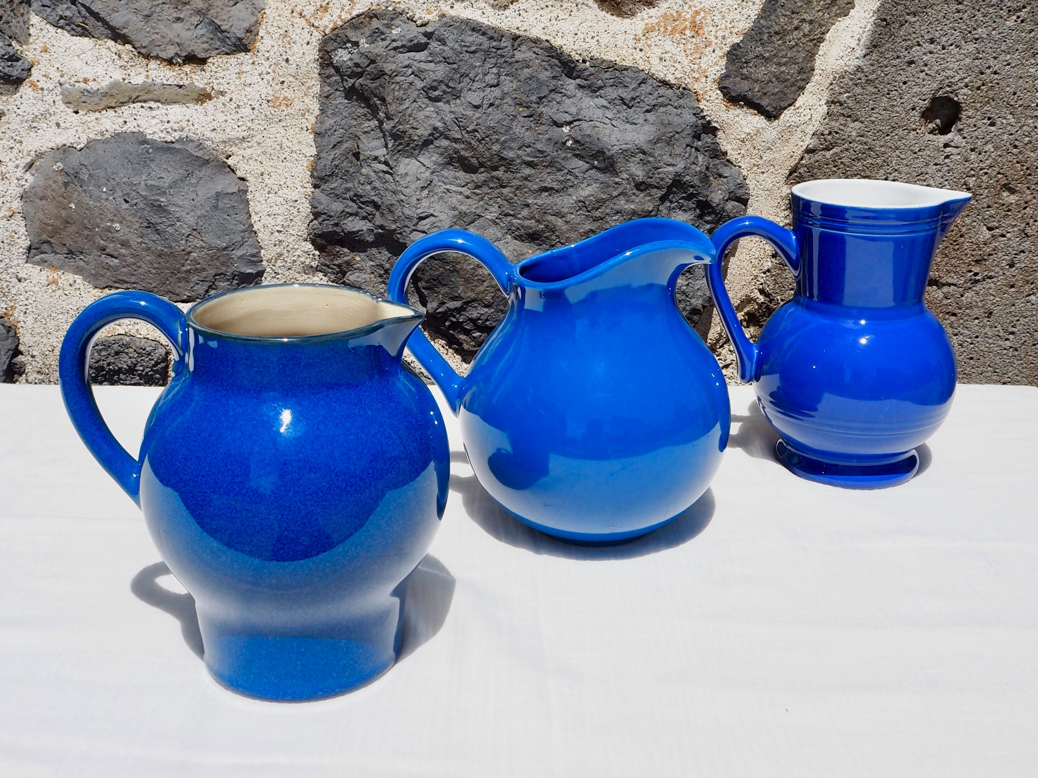 Blue ceramic belly pitcher