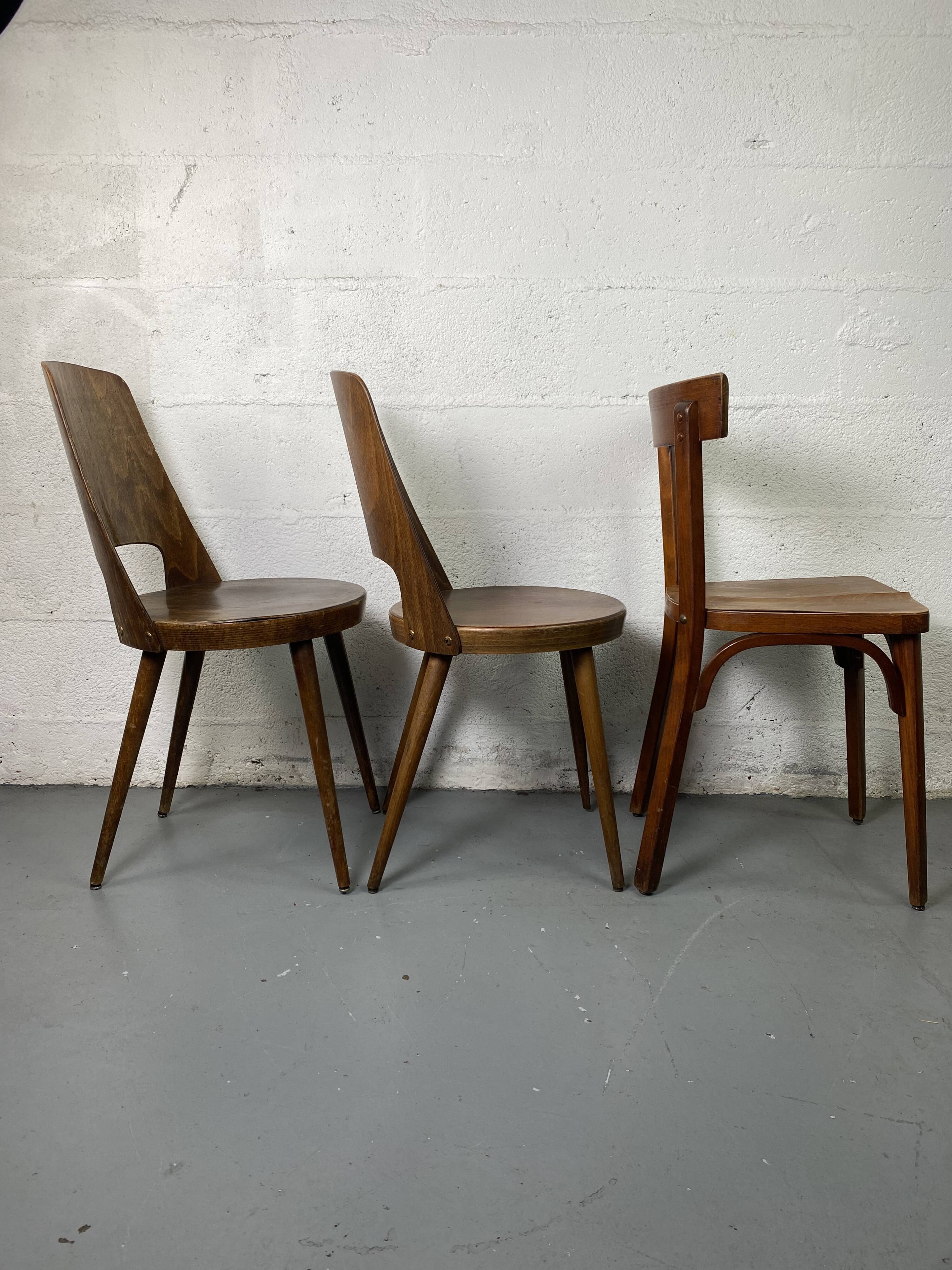 Set of 3 mismatched and damaged bistro chairs