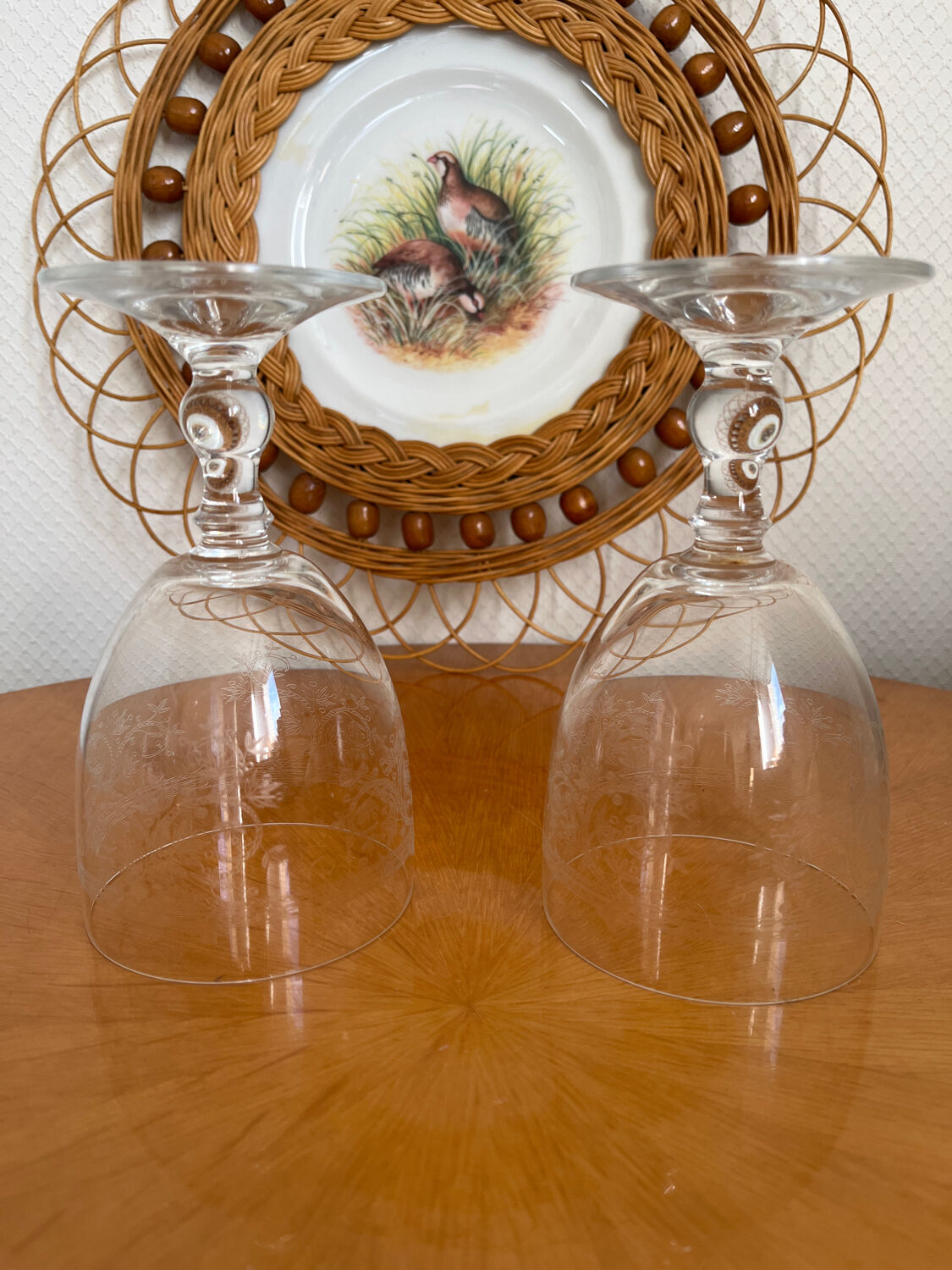 Set of two engraved glass wine glasses
