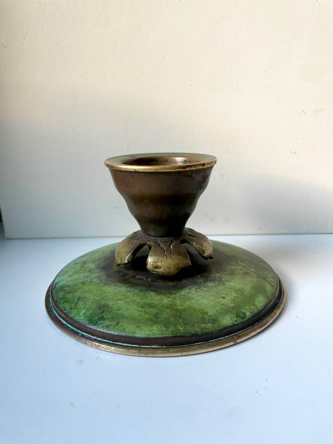 Scandinavian ART DECO candle holder in Bronze with verdigris patina
