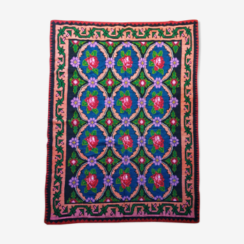 Romanian rug blue with pink roses and violet flowers