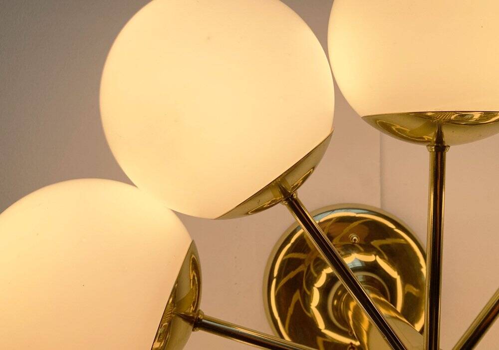 German brass ceiling lamp in mid-century modern space style by Kaiser Leuchten, 1960s.