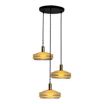 Suspension triple globes vintage verre granité doré