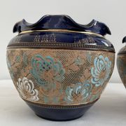 Pair, cache pots, royal doulton, english earthenware, 1920-1930, floral decoration, blue and gold, marks in