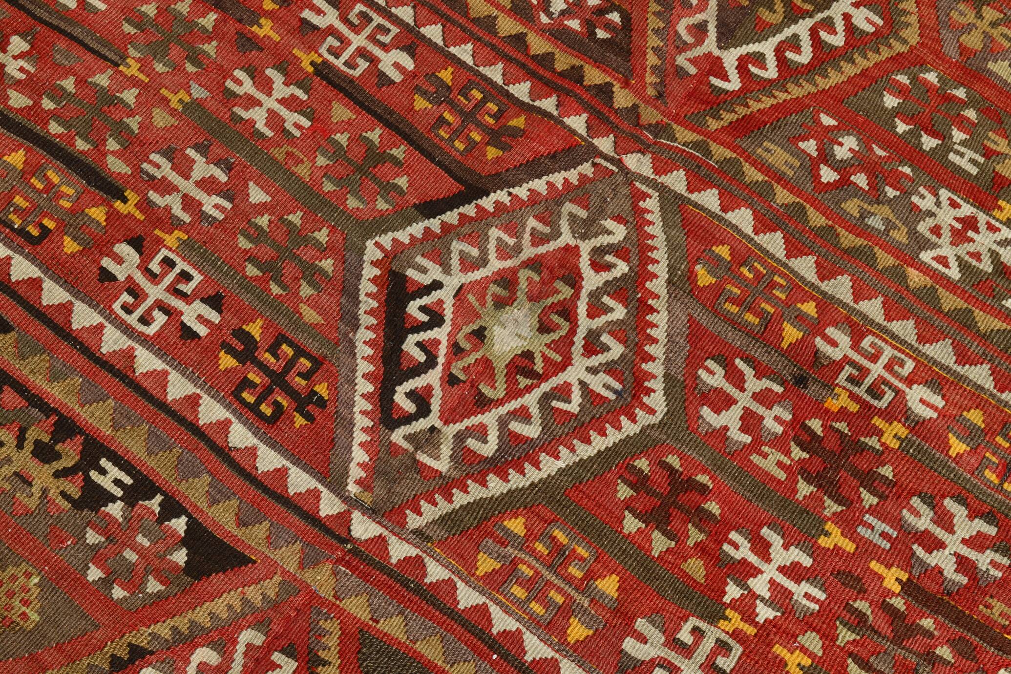 6x13 Beige & Red Wool Kilim Rug, 193x406Cm
