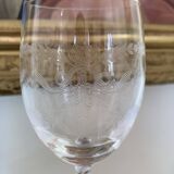 Set of 9 tall twisted and engraved crystal wine glasses