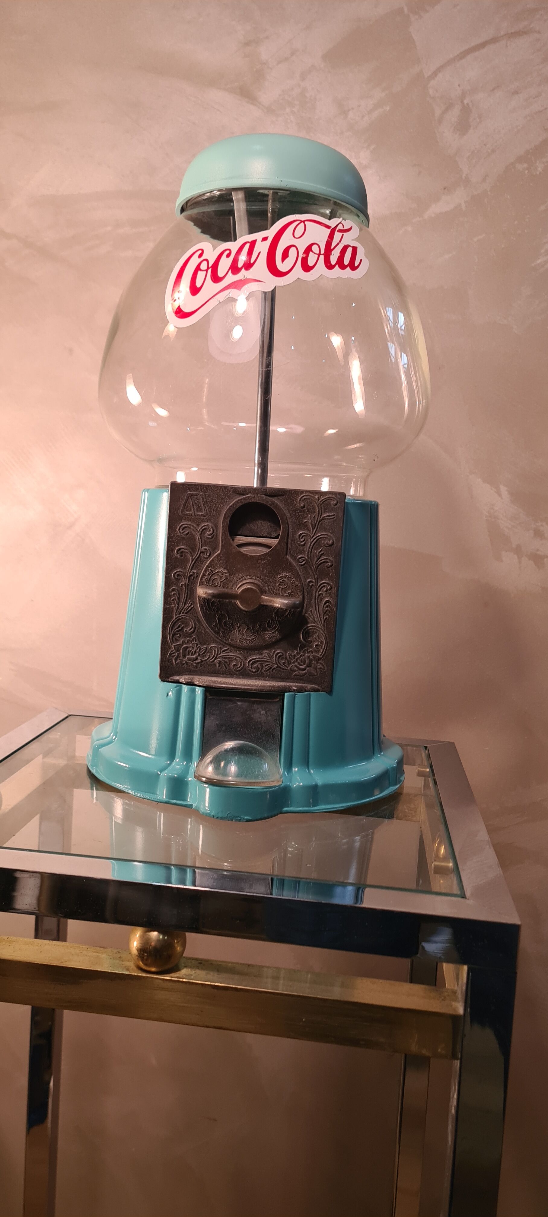 Candy, chewing gum, peanut glass and metal dispenser color 2 shades of turquoise 28x20