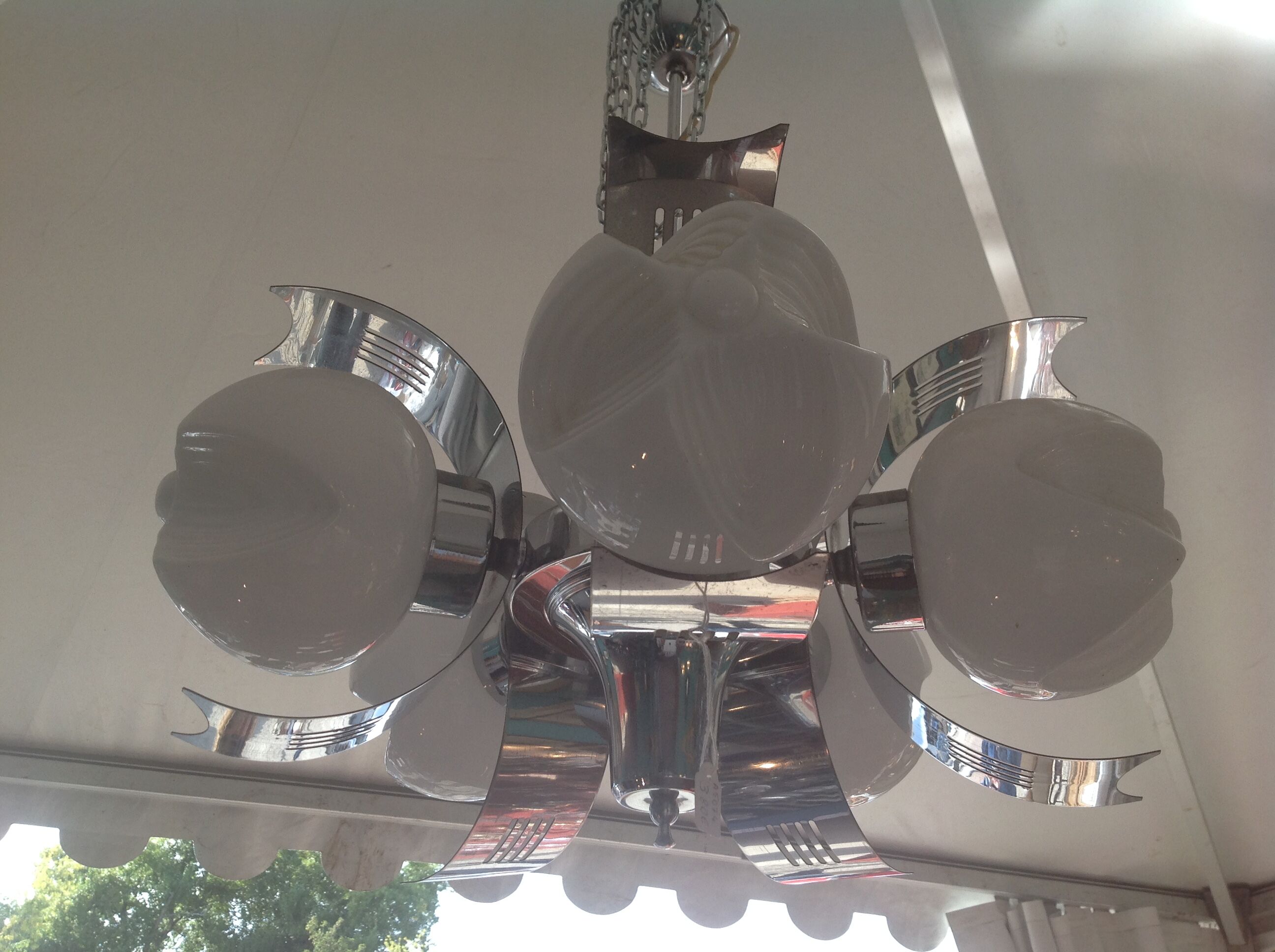 Vintage chandelier in opaline and stainless steel, 70s.