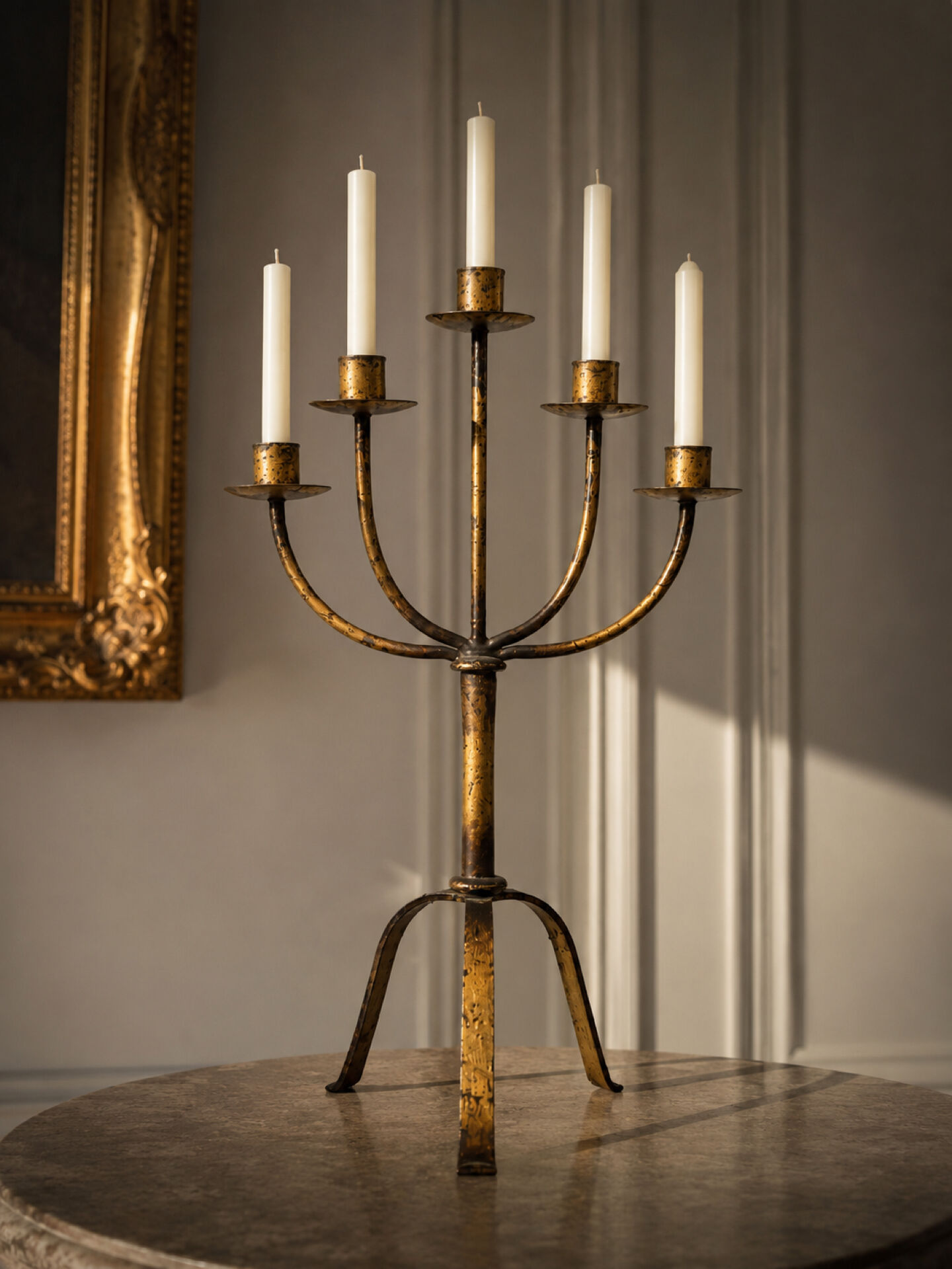 Large Mid-Century Brutalist 5-Arm Gilt Iron Candelabra 55cm